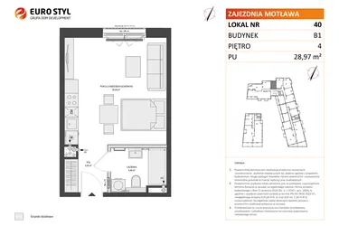 Rzut - Mieszkanie na sprzedaż 1 pokój o powierzchni 28,97 m² - numer B1.40 w Zajezdnia Motława