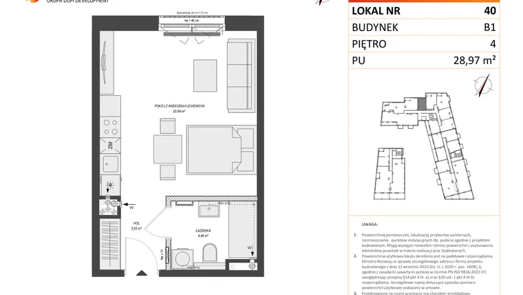 Rzut - Mieszkanie na sprzedaż 1 pokój o powierzchni 28,97 m² - numer B1.40 w Zajezdnia Motława