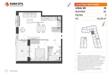 Rzut - Mieszkanie na sprzedaż 2 pokoje o powierzchni 42,38 m² - numer B1.26 w Zajezdnia Motława