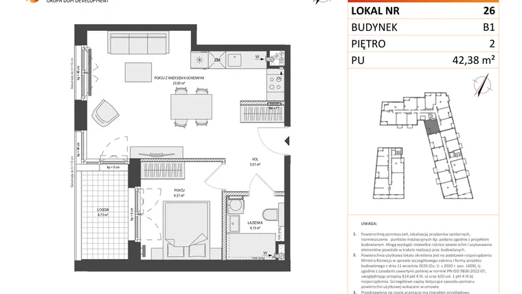 Rzut - Mieszkanie na sprzedaż 2 pokoje o powierzchni 42,35 m² - numer B1.26 w Zajezdnia Motława