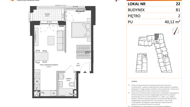 Rzut - Mieszkanie na sprzedaż 1 pokój o powierzchni 40,12 m² - numer B1.22 w Zajezdnia Motława