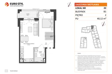 Rzut - Mieszkanie na sprzedaż 1 pokój o powierzchni 40,24 m² - numer B1.22 w Zajezdnia Motława