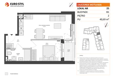 Rzut - Mieszkanie na sprzedaż 2 pokoje o powierzchni 40,63 m² - numer B1.25 w Zajezdnia Motława