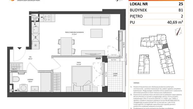 Rzut - Mieszkanie na sprzedaż 2 pokoje o powierzchni 40,63 m² - numer B1.25 w Zajezdnia Motława