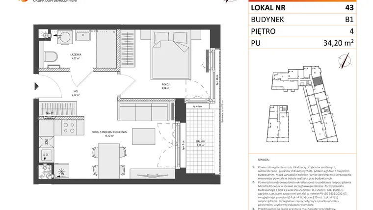 Rzut - Mieszkanie na sprzedaż 2 pokoje o powierzchni 34,2 m² - numer B1.43 w Zajezdnia Motława