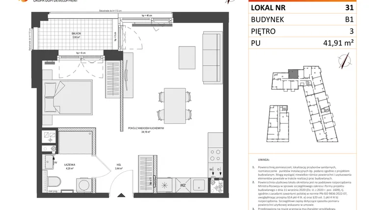 Rzut - Mieszkanie na sprzedaż 1 pokój o powierzchni 41,91 m² - numer B1.31 w Zajezdnia Motława