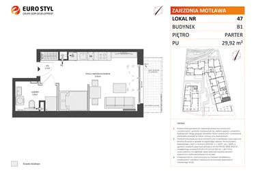 Rzut - Mieszkanie na sprzedaż 1 pokój o powierzchni 30,13 m² - numer B1.47 w Zajezdnia Motława
