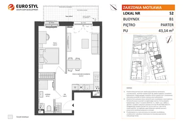 Rzut - Mieszkanie na sprzedaż 2 pokoje o powierzchni 43,12 m² - numer B1.52 w Zajezdnia Motława