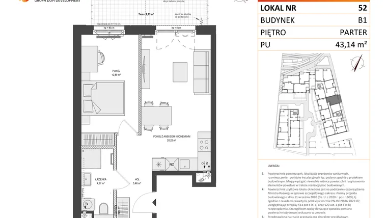 Rzut - Mieszkanie na sprzedaż 2 pokoje o powierzchni 43,12 m² - numer B1.52 w Zajezdnia Motława