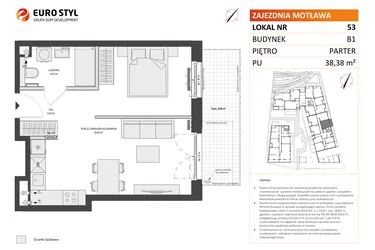 Rzut - Mieszkanie na sprzedaż 1 pokój o powierzchni 38,38 m² - numer B1.53 w Zajezdnia Motława