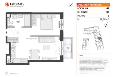 Rzut - Mieszkanie na sprzedaż 1 pokój o powierzchni 38,5 m² - numer B1.63 w Zajezdnia Motława