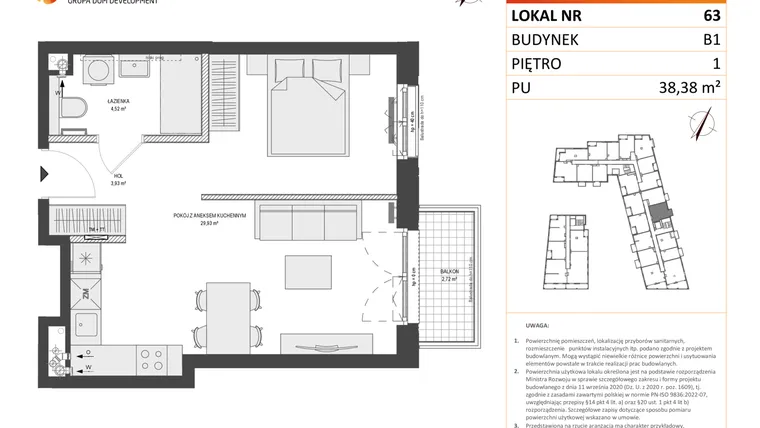 Rzut - Mieszkanie na sprzedaż 1 pokój o powierzchni 38,5 m² - numer B1.63 w Zajezdnia Motława