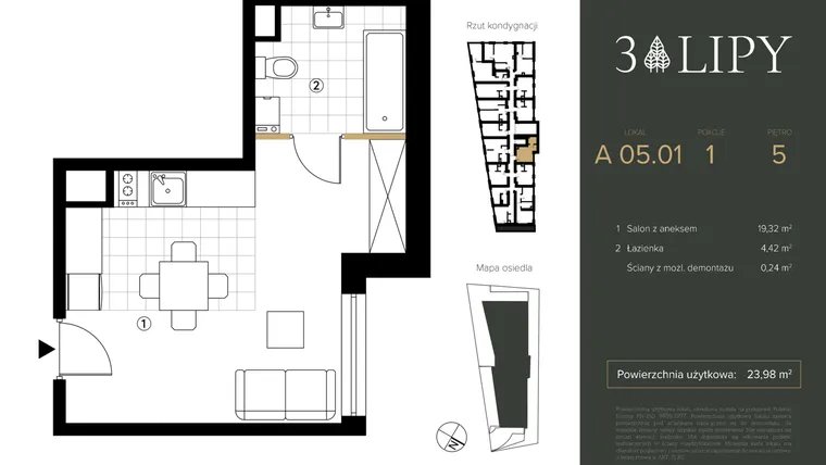 Rzut - Mieszkanie na sprzedaż 1 pokój o powierzchni 23,98 m² - numer A.05.01 w 3 lipy