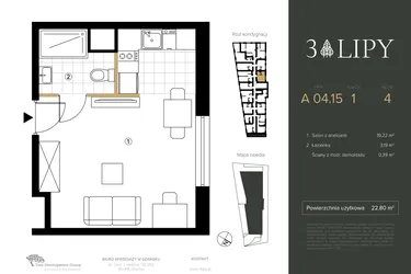 Rzut - Mieszkanie na sprzedaż 1 pokój o powierzchni 22,8 m² - numer A.04.15 w 3 lipy