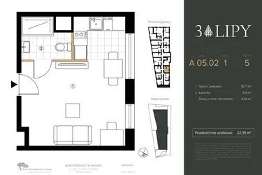 Rzut - Mieszkanie na sprzedaż 1 pokój o powierzchni 22,35 m² - numer A.05.02 w 3 lipy