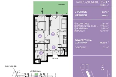 Rzut - Mieszkanie na sprzedaż 2 pokoje o powierzchni 39,26 m² - numer C-07 w AURA Warszewo bud. C i D