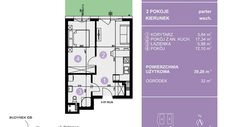 Rzut - Mieszkanie na sprzedaż 2 pokoje o powierzchni 39,26 m² - numer C-07 w AURA Warszewo bud. C i D