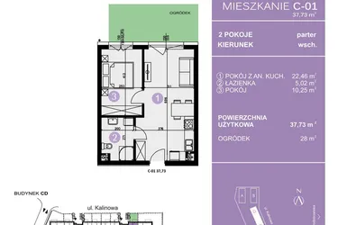 Rzut - Mieszkanie na sprzedaż 2 pokoje o powierzchni 37,73 m² - numer C-01 w AURA Warszewo bud. C i D