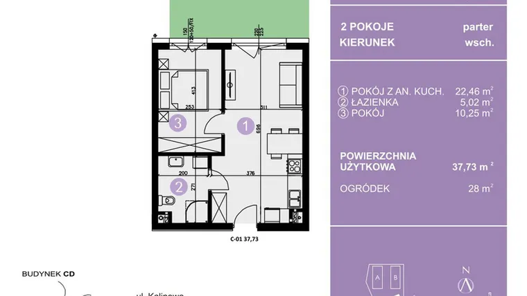 Rzut - Mieszkanie na sprzedaż 2 pokoje o powierzchni 37,73 m² - numer C-01 w AURA Warszewo bud. C i D