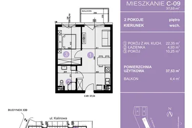 Rzut - Mieszkanie na sprzedaż 2 pokoje o powierzchni 37,53 m² - numer C-09 w AURA Warszewo bud. C i D