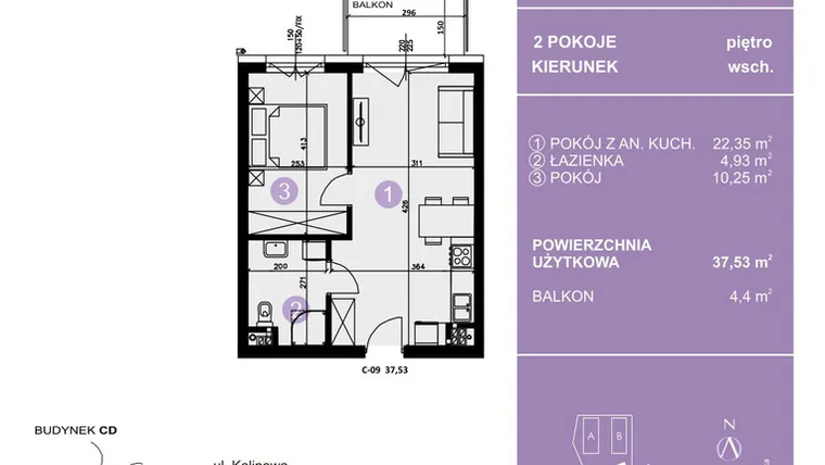 Rzut - Mieszkanie na sprzedaż 2 pokoje o powierzchni 37,53 m² - numer C-09 w AURA Warszewo bud. C i D