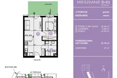 Rzut - Mieszkanie na sprzedaż 2 pokoje o powierzchni 37,7 m² - numer D-01 w AURA Warszewo bud. C i D