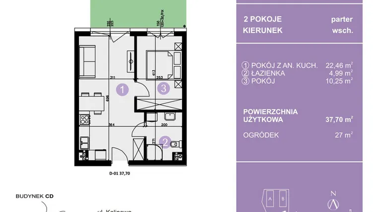Rzut - Mieszkanie na sprzedaż 2 pokoje o powierzchni 37,7 m² - numer D-01 w AURA Warszewo bud. C i D