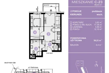 Rzut - Mieszkanie na sprzedaż 2 pokoje o powierzchni 39,23 m² - numer C-23 w AURA Warszewo bud. C i D