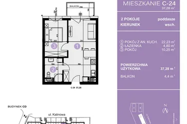 Rzut - Mieszkanie na sprzedaż 2 pokoje o powierzchni 37,28 m² - numer C-24 w AURA Warszewo bud. C i D