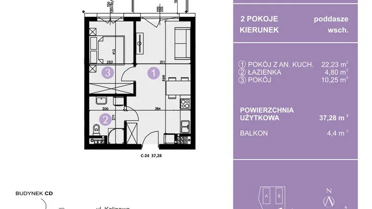 Rzut - Mieszkanie na sprzedaż 2 pokoje o powierzchni 37,28 m² - numer C-24 w AURA Warszewo bud. C i D