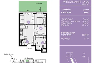 Rzut - Mieszkanie na sprzedaż 2 pokoje o powierzchni 39,26 m² - numer D-02 w AURA Warszewo bud. C i D