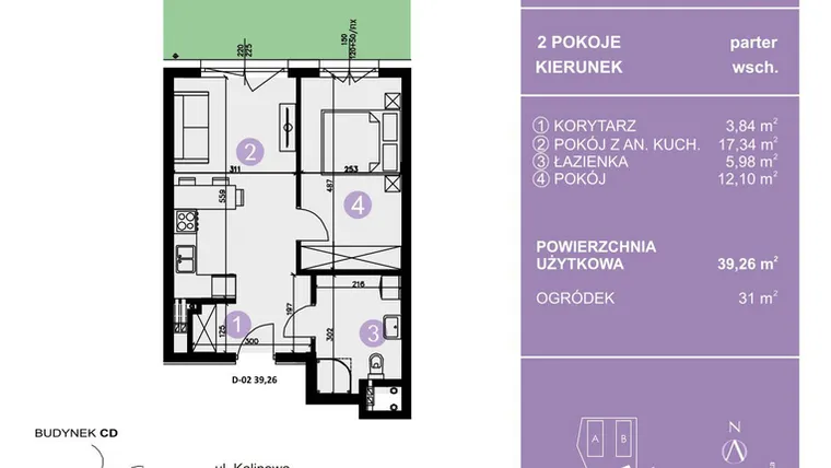 Rzut - Mieszkanie na sprzedaż 2 pokoje o powierzchni 39,26 m² - numer D-02 w AURA Warszewo bud. C i D
