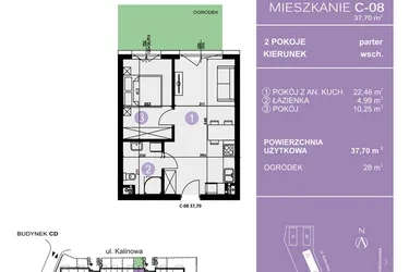 Rzut - Mieszkanie na sprzedaż 2 pokoje o powierzchni 37,7 m² - numer C-08 w AURA Warszewo bud. C i D