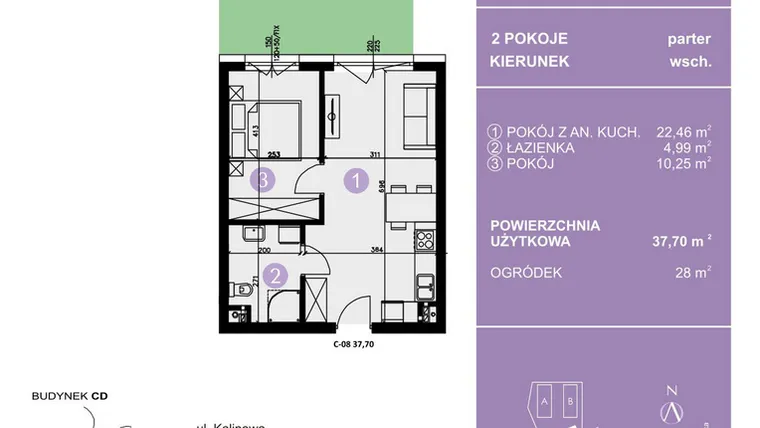 Rzut - Mieszkanie na sprzedaż 2 pokoje o powierzchni 37,7 m² - numer C-08 w AURA Warszewo bud. C i D
