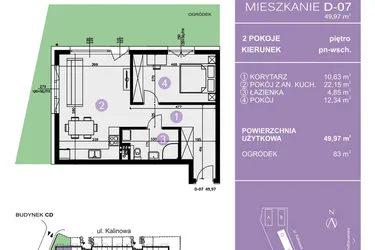 Rzut - Mieszkanie na sprzedaż 2 pokoje o powierzchni 49,97 m² - numer D-07 w AURA Warszewo bud. C i D