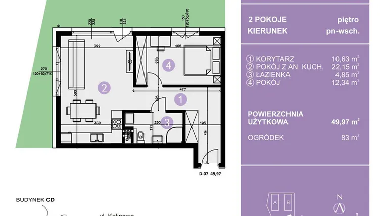 Rzut - Mieszkanie na sprzedaż 2 pokoje o powierzchni 49,97 m² - numer D-07 w AURA Warszewo bud. C i D