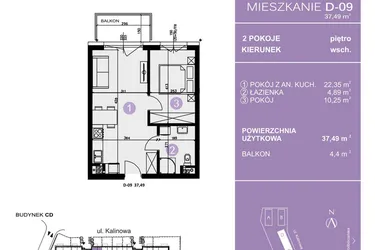 Rzut - Mieszkanie na sprzedaż 2 pokoje o powierzchni 37,49 m² - numer D-09 w AURA Warszewo bud. C i D