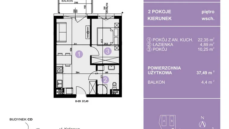 Rzut - Mieszkanie na sprzedaż 2 pokoje o powierzchni 37,49 m² - numer D-09 w AURA Warszewo bud. C i D