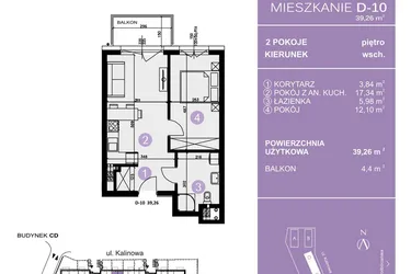 Rzut - Mieszkanie na sprzedaż 2 pokoje o powierzchni 39,26 m² - numer D-10 w AURA Warszewo bud. C i D