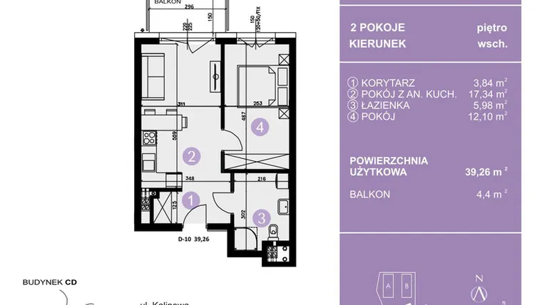 Rzut - Mieszkanie na sprzedaż 2 pokoje o powierzchni 39,26 m² - numer D-10 w AURA Warszewo bud. C i D