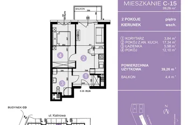 Rzut - Mieszkanie na sprzedaż 2 pokoje o powierzchni 39,26 m² - numer C-15 w AURA Warszewo bud. C i D