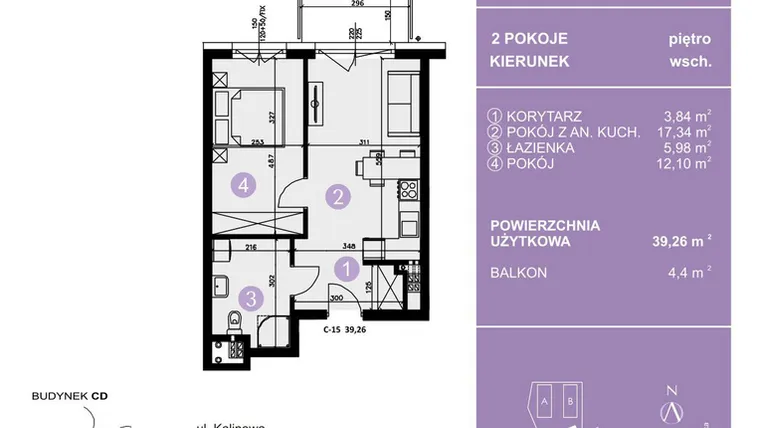 Rzut - Mieszkanie na sprzedaż 2 pokoje o powierzchni 39,26 m² - numer C-15 w AURA Warszewo bud. C i D