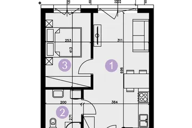 Rzut - Mieszkanie na sprzedaż 2 pokoje o powierzchni 37,49 m² - numer C-16 w AURA Warszewo bud. C i D