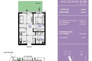 Rzut - Mieszkanie na sprzedaż 2 pokoje o powierzchni 37,73 m² - numer D-08 w AURA Warszewo bud. C i D