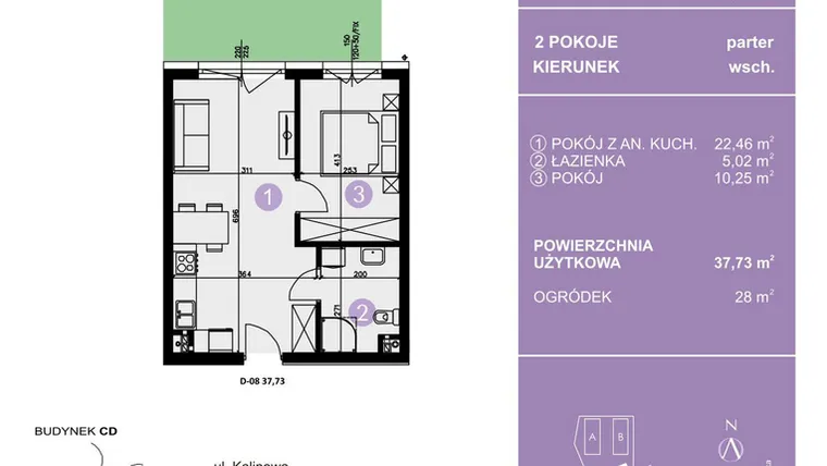 Rzut - Mieszkanie na sprzedaż 2 pokoje o powierzchni 37,73 m² - numer D-08 w AURA Warszewo bud. C i D