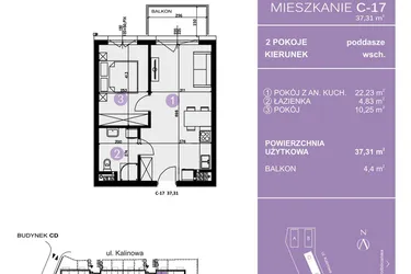 Rzut - Mieszkanie na sprzedaż 2 pokoje o powierzchni 37,31 m² - numer C-17 w AURA Warszewo bud. C i D