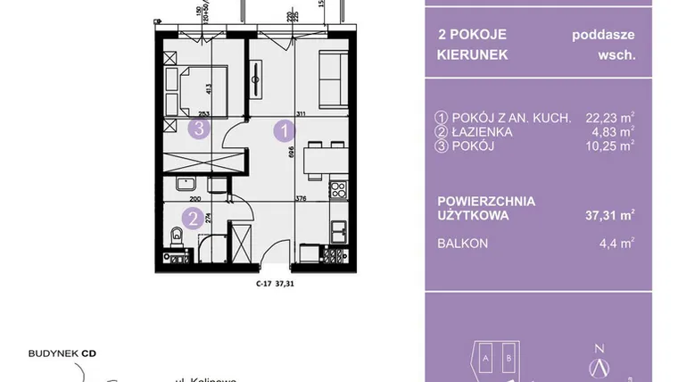 Rzut - Mieszkanie na sprzedaż 2 pokoje o powierzchni 37,31 m² - numer C-17 w AURA Warszewo bud. C i D