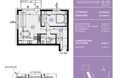 Rzut - Mieszkanie na sprzedaż 2 pokoje o powierzchni 49,6 m² - numer D-23 w AURA Warszewo bud. C i D