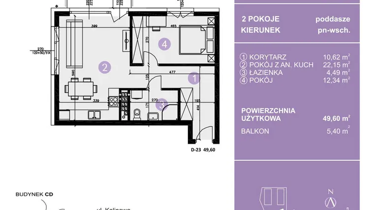 Rzut - Mieszkanie na sprzedaż 2 pokoje o powierzchni 49,6 m² - numer D-23 w AURA Warszewo bud. C i D