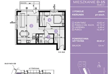Rzut - Mieszkanie na sprzedaż 2 pokoje o powierzchni 49,6 m² - numer D-15 w AURA Warszewo bud. C i D